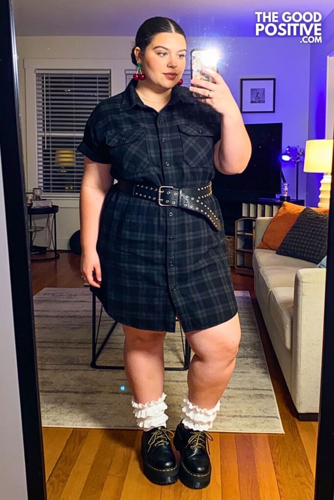 Black Gingham Shirt Dress With Studded Belt And Platform Oxfords