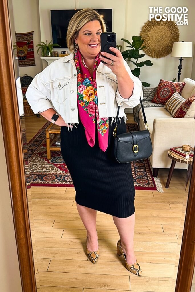 Black Knit Midi Dress With White Denim Jacket And Colorful Scarf