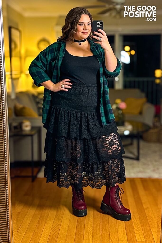 Black Lace Tiered Maxi Skirt With Oversized Flannel And Platform Boots