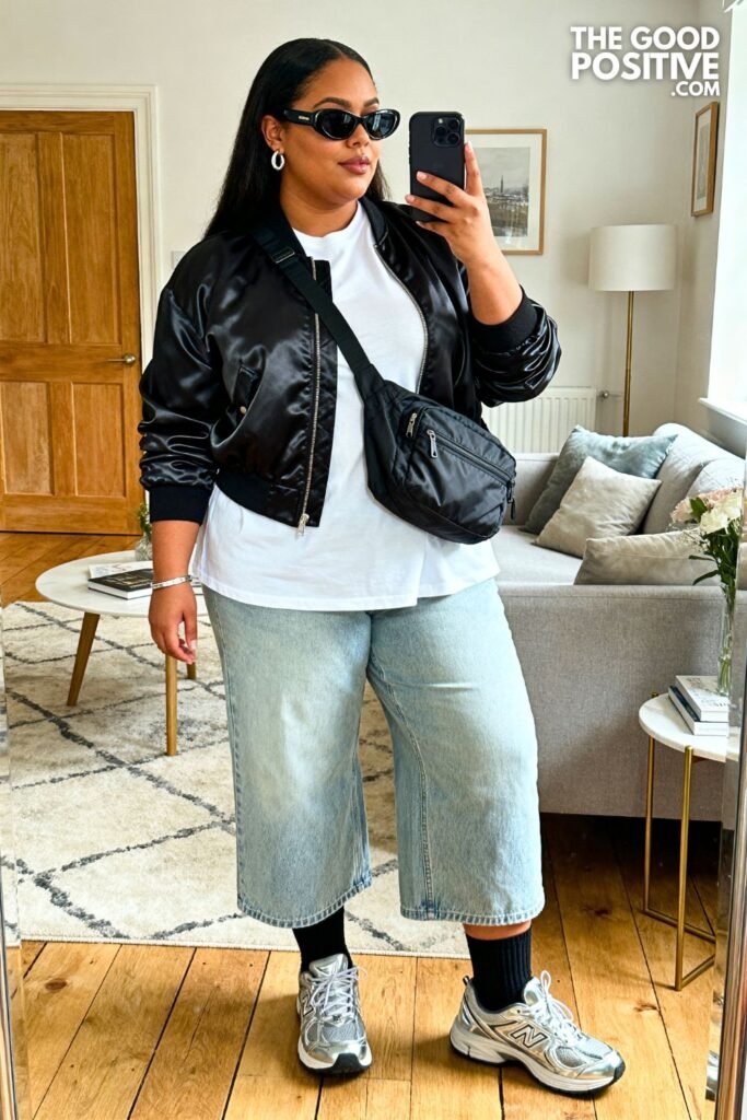 Black Satin Bomber Jacket With White Tee, Wide-Leg Jeans, And Silver Trainers