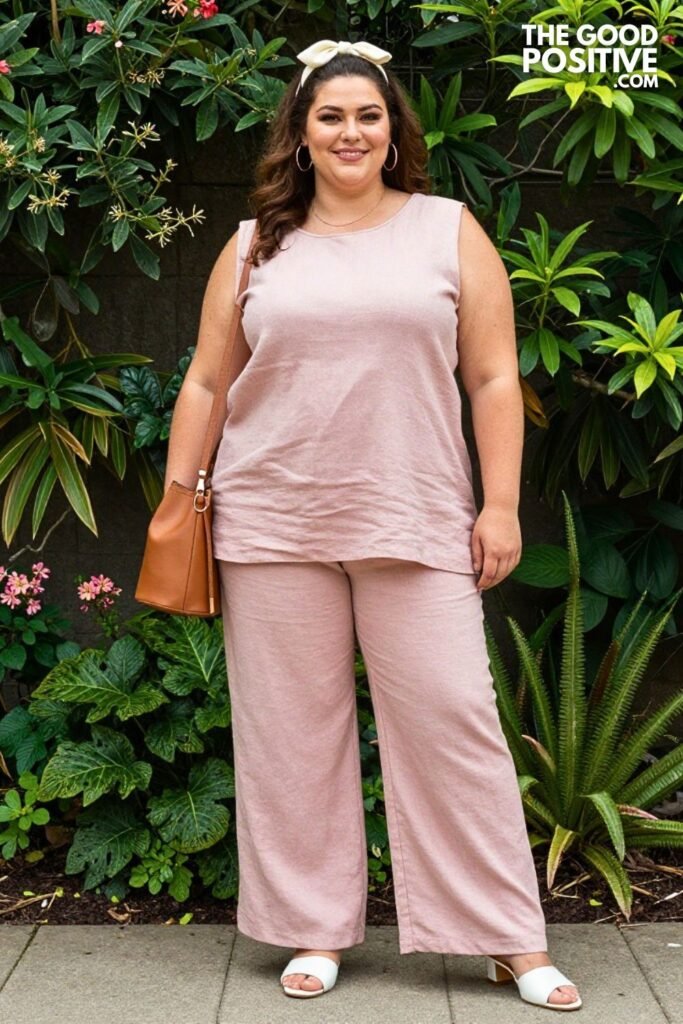 Blush Pink Linen Tunic With Matching Wide Leg Pull On Pants