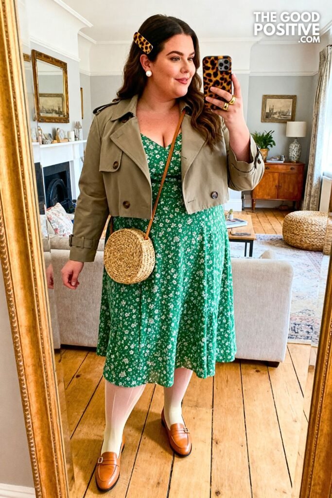 Bottle-Green Ditsy Floral Midi Dress With Cropped Stone Trench And Tan Mary Janes