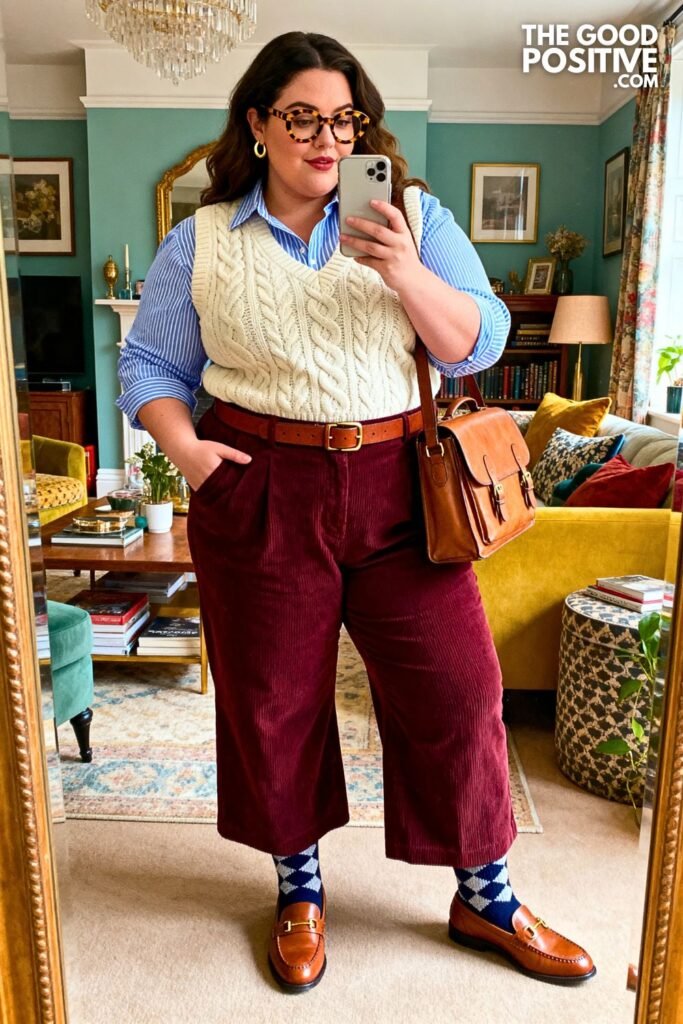 Burgundy Corduroy Wide-Leg Trousers With Cream Cable Knit Vest And Cognac Loafers