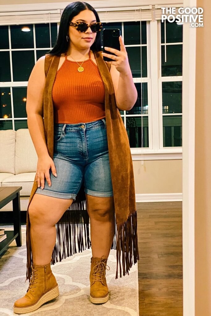 Burnt Orange Halter Top, Bermuda Denim Shorts And Suede Fringe Vest