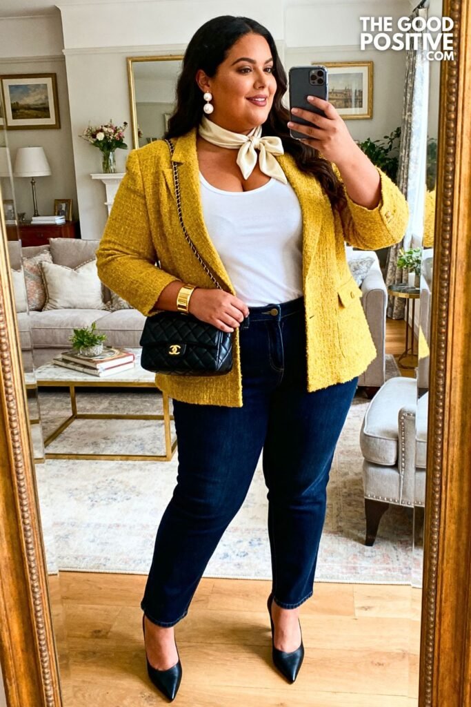 Butter Yellow Bouclé Jacket With Dark Straight-Leg Jeans And Black Kitten Heels