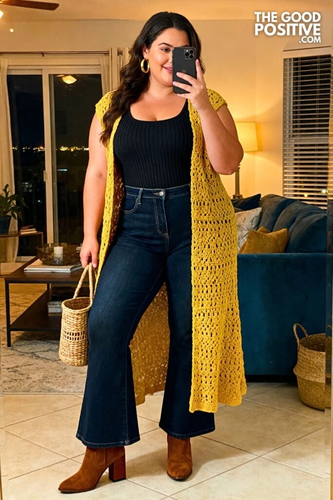Butter Yellow Crochet Vest With Black Tank And Flared Jeans