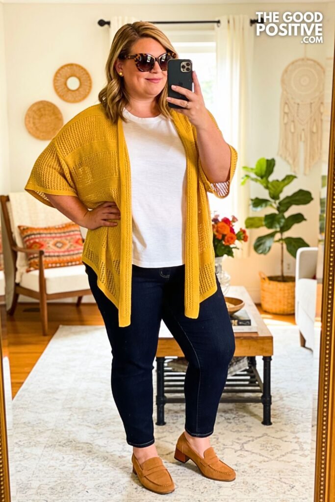 Butter Yellow Knit Cardigan With Navy Straight Jeans