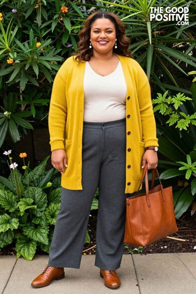 Butter Yellow Longline Cardigan With Ivory V-Neck Tee And Charcoal Trousers