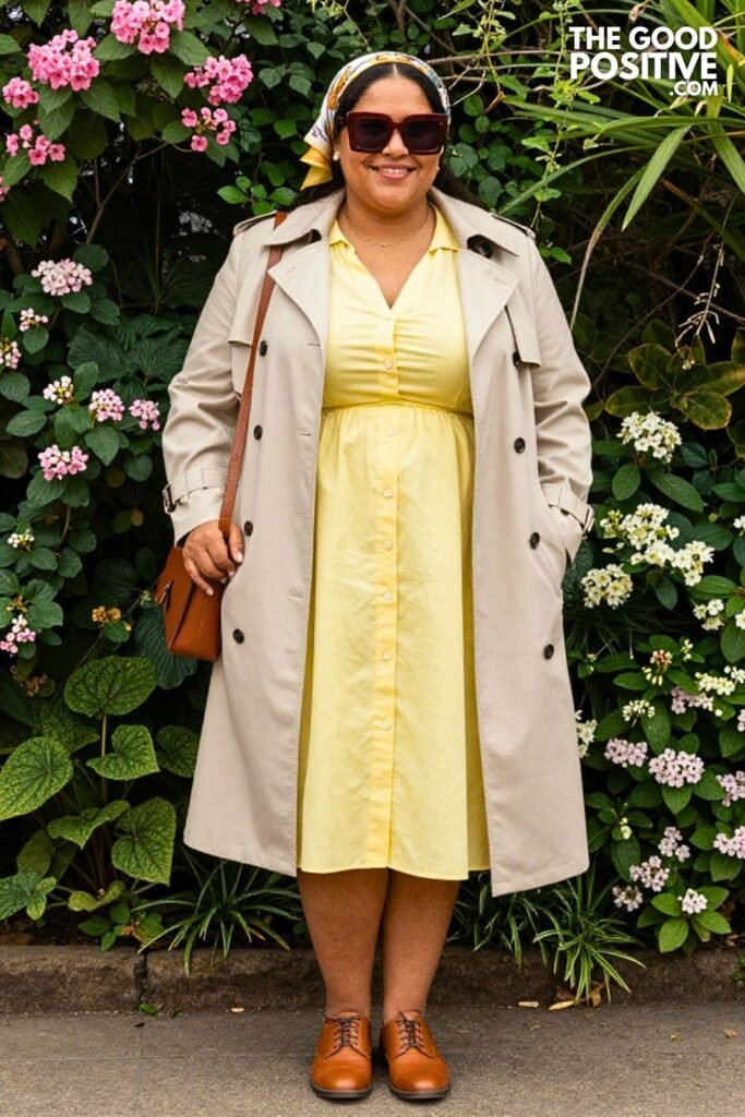 Butter Yellow Open Collar Shirtdress With Lightweight Beige Trench Coat
