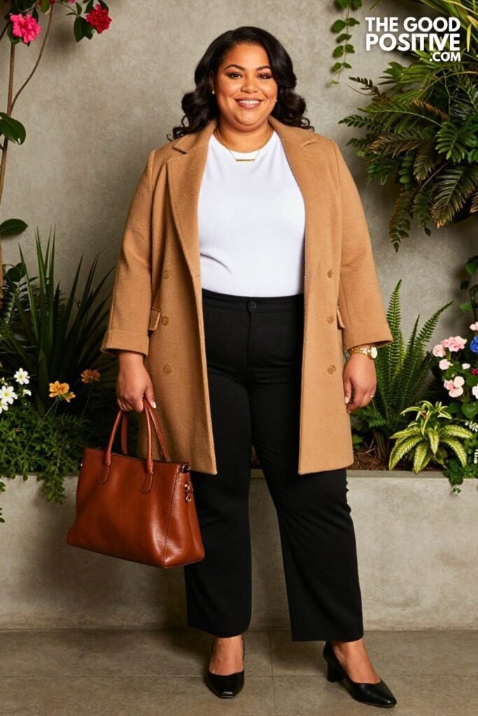 Camel Cape Style Blazer With White Tee And Black Straight Trousers