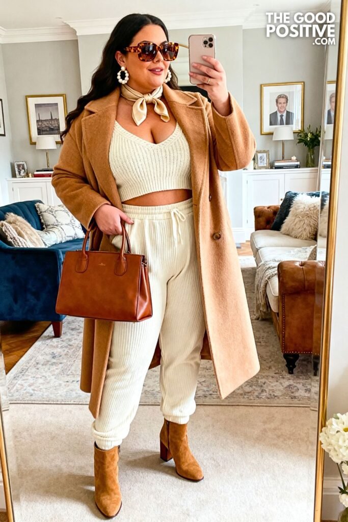 Camel Longline Wool Coat Over Cream Knit Lounge Set With Tan Suede Block-Heel Boots