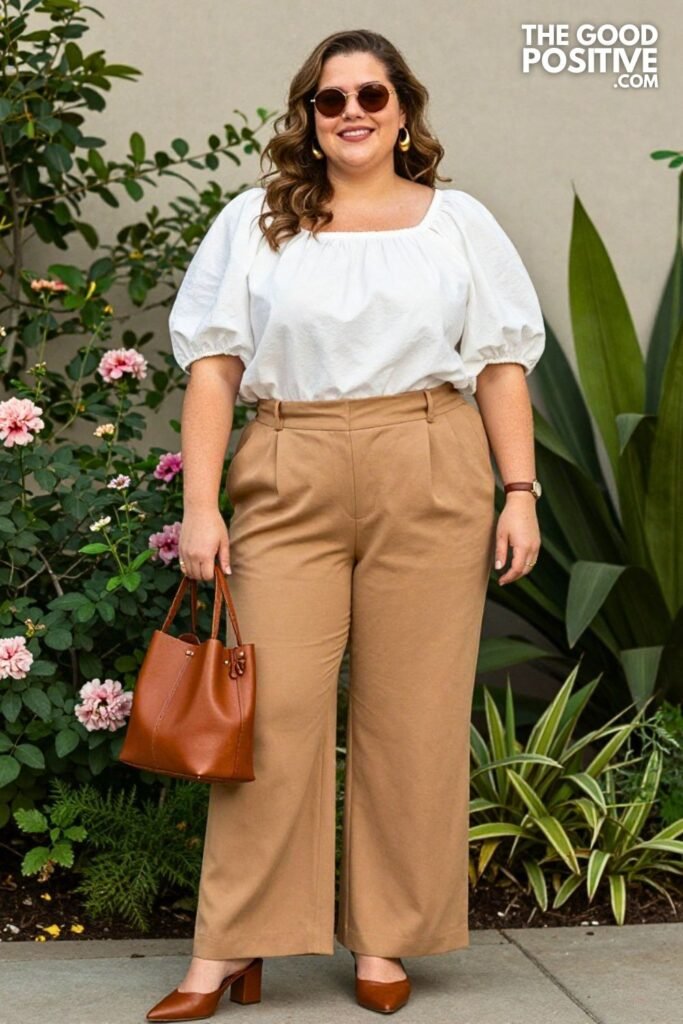 Camel Wide Leg Trousers With White Puff Sleeve Blouse And Cognac Block Heel Mules