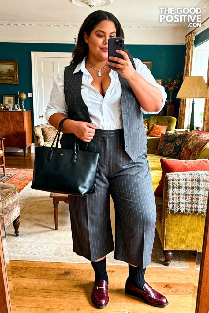 Charcoal Pinstripe Waistcoat Set With White Poplin Shirt And Burgundy Loafers