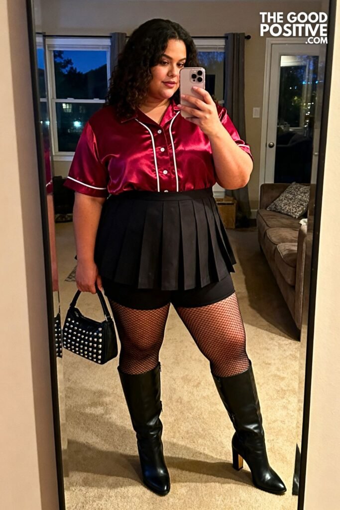 Cherry Red Bowling Shirt With Pleated Mini Skort And Knee-High Boots