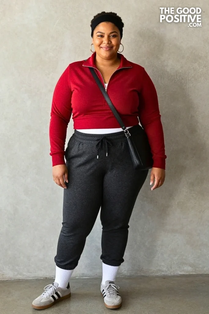 Cherry Red Cropped Half-Zip Pullover With Charcoal Joggers