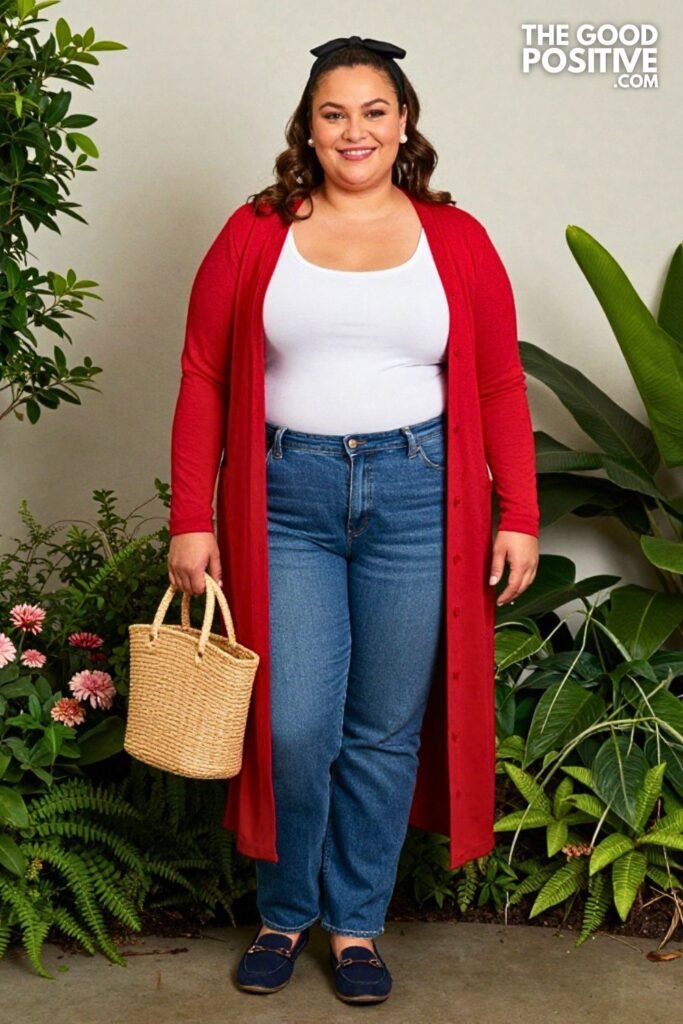 Cherry Red Longline Cardigan With White Tank And Light Wash Straight Jeans