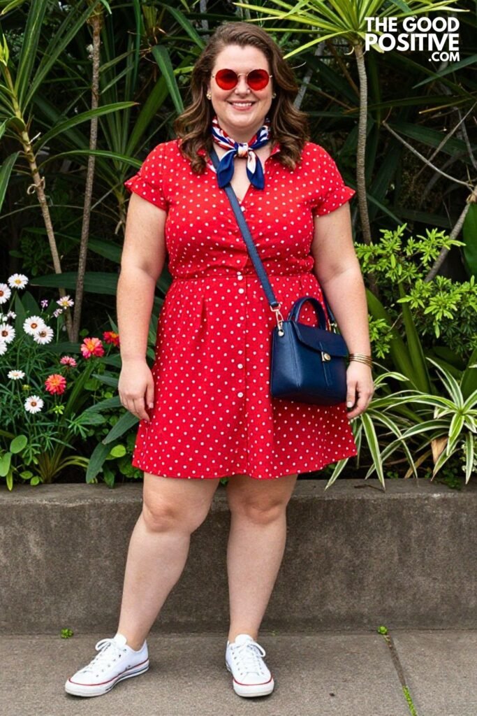 Cherry Red Polka Dot A-Line Shirtdress With White Leather Sneakers