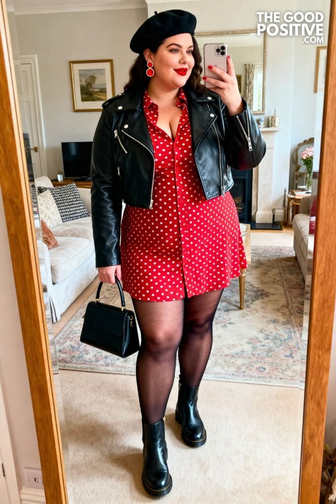Cherry Red Polka Dot Shirt Dress With Cropped Biker Jacket And Chelsea Boots