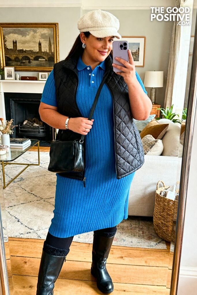 Cobalt Blue Knit Polo Midi Dress With Quilted Gilet And Knee-High Boots