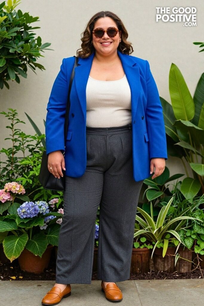 Cobalt Blue Longline Blazer With Cream Knit Tank And Pleated Trousers