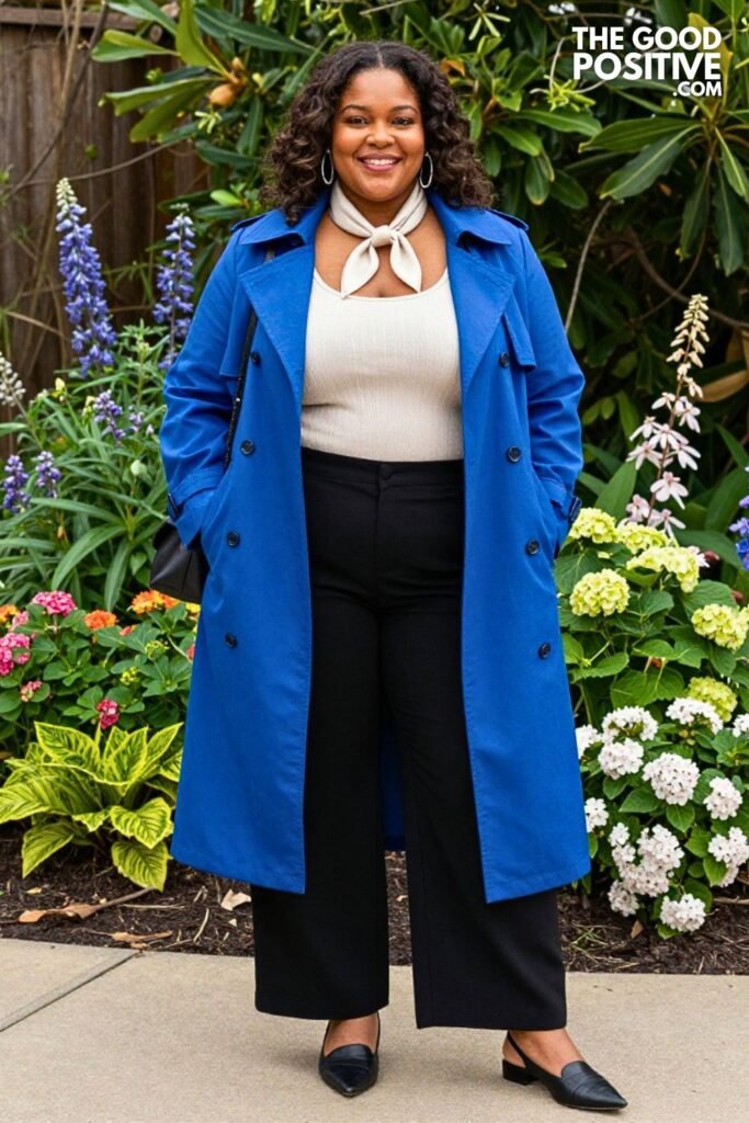 Cobalt Blue Open Trench Coat With Cream Knit Tank And Wide Leg Trousers
