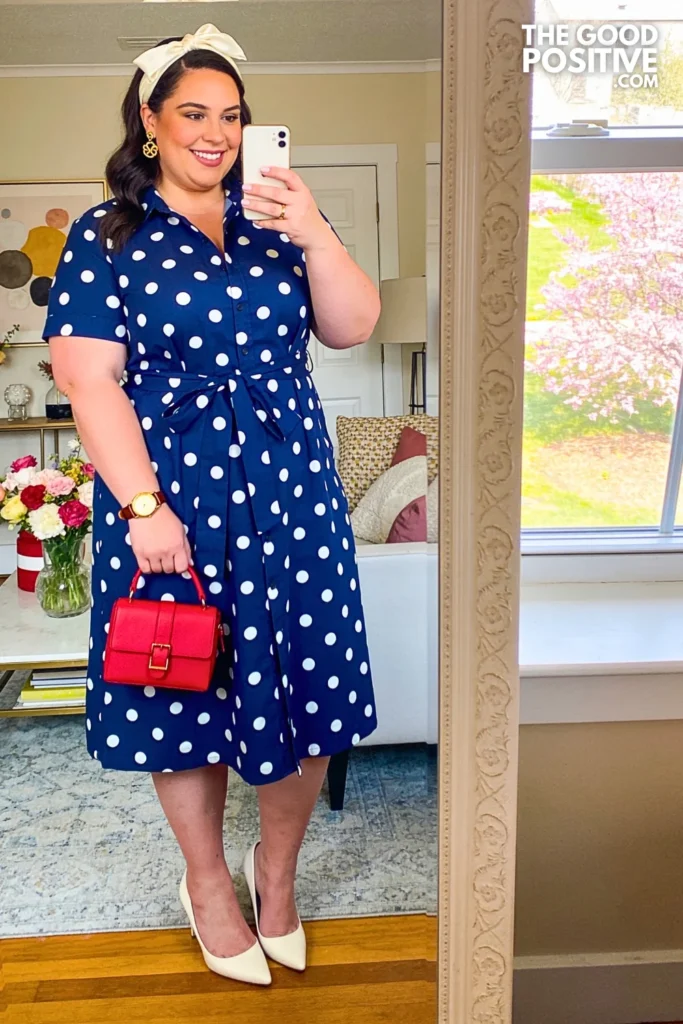 Cobalt Blue Polka Dot Shirt Dress With Kitten Heels