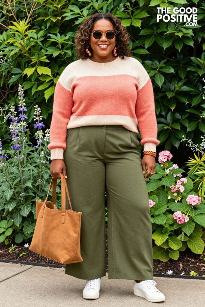 Coral And Cream Color Block Knit Sweater With Olive Wide Leg Trousers And Wedge Sneakers