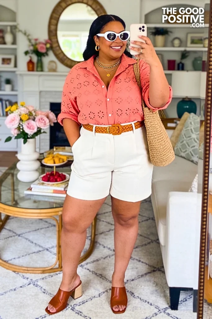 Coral Eyelet Button-Up Shirt With Tailored White Bermuda Shorts