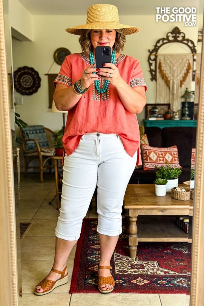 Coral Linen Tunic With White Denim Capris