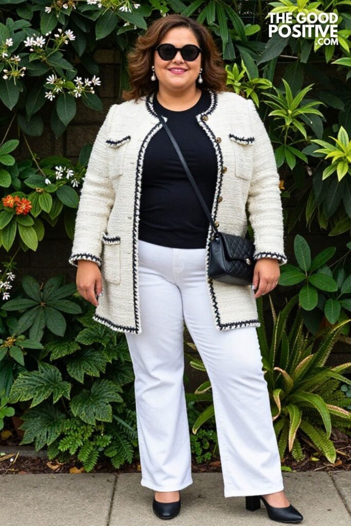 Cream And Black Tweed Longline Jacket With Black Tee And White Wide Leg Jeans