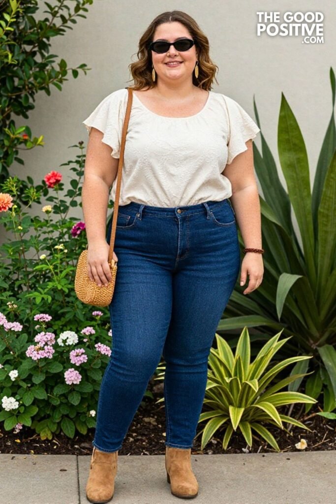 Cream Broderie Tunic Top With Dark Wash High Rise Bootcut Jeans