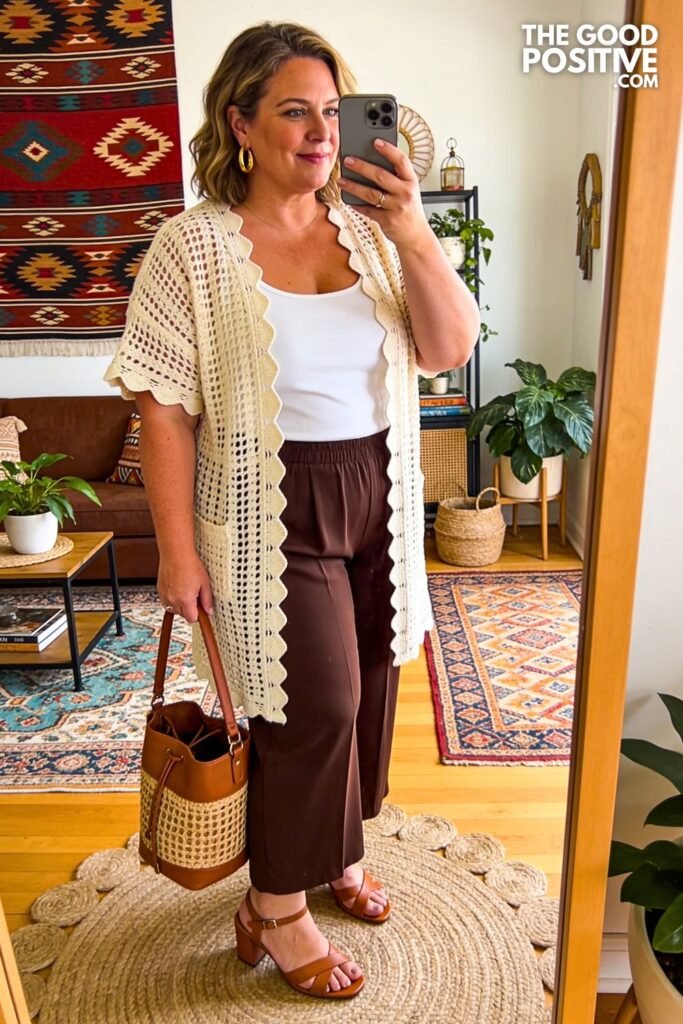 Cream Crochet Cardigan With Chocolate Brown Wide Leg Pants