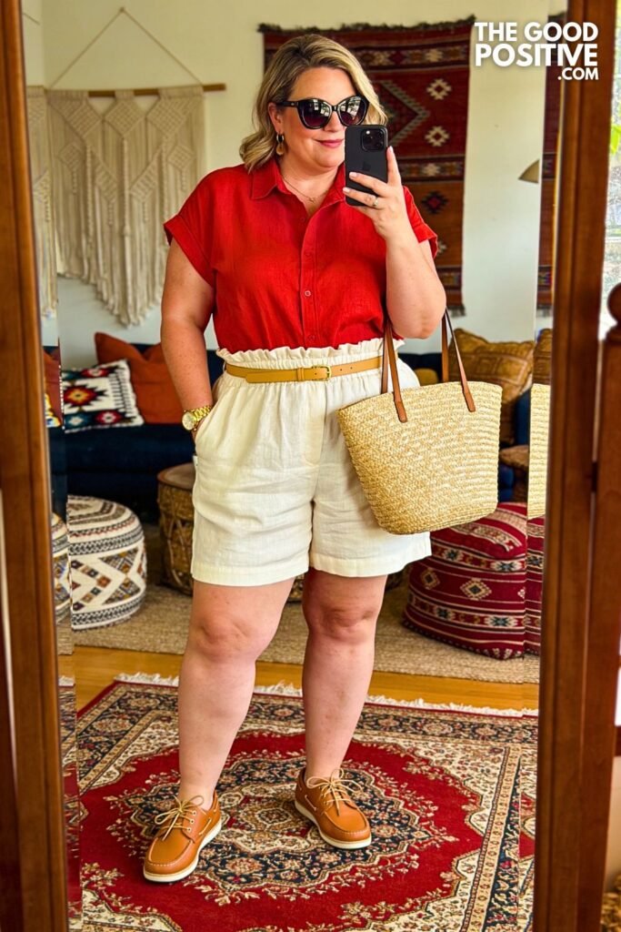 Cream Linen Bermuda Shorts With Poppy Red Blouse