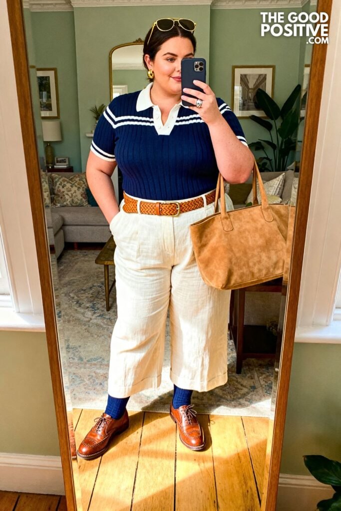 Cream Wide-Leg Linen Trousers With Navy Rugby Stripe Polo Knit And Brown Brogues