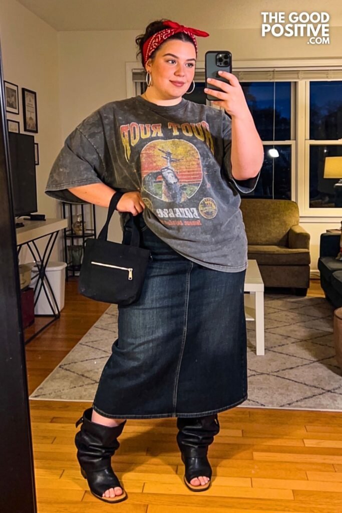 Dark Denim Maxi Skirt With Graphic Tour Sweatshirt And Slouchy Boots