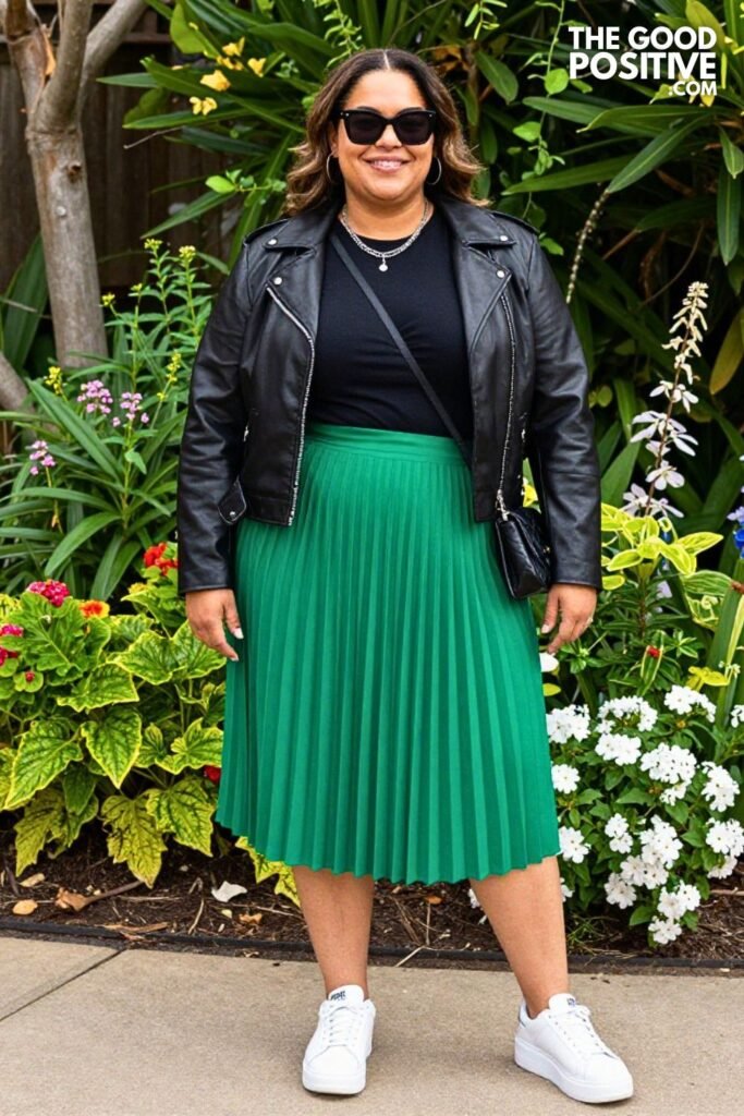 Emerald Green Pleated Midi Skirt With Black Longline Tee And Faux Leather Moto Jacket