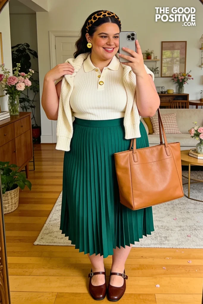 Emerald Green Pleated Midi Skirt With Ivory Knit Polo