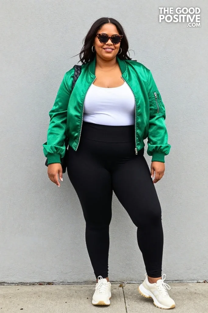 Emerald Green Satin Bomber With Black Ribbed Leggings