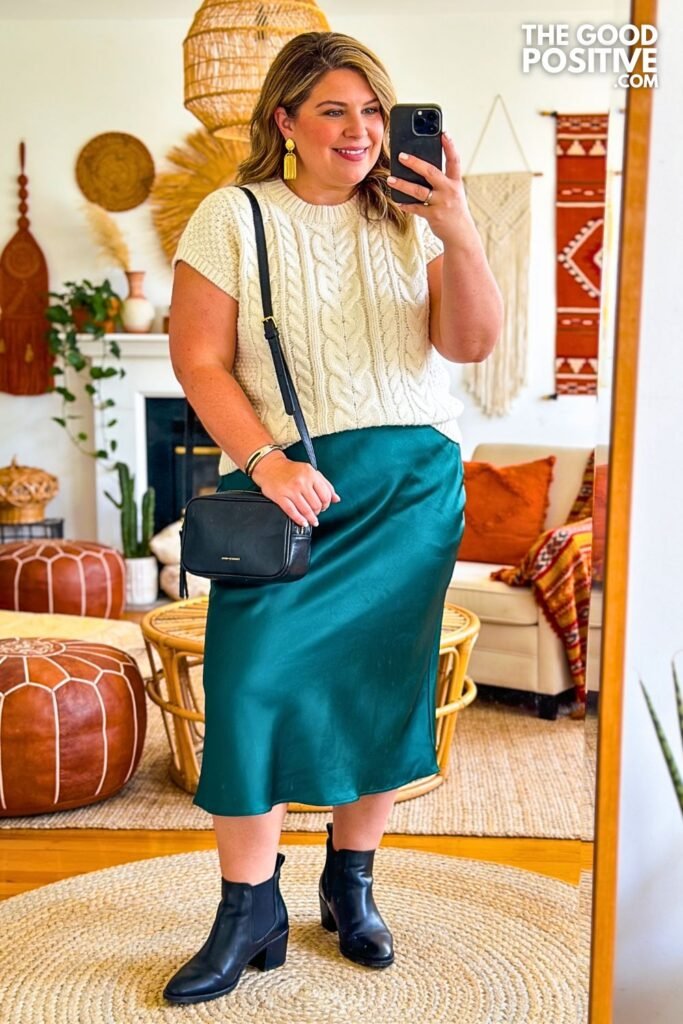 Emerald Green Satin Midi Skirt With Cream Cable Knit Sweater