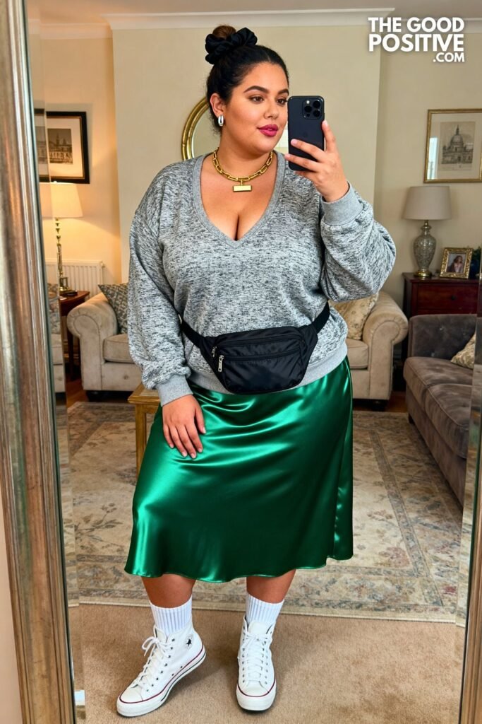 Emerald Green Satin Midi Skirt With Grey Marl Sweatshirt And White Canvas High-Tops