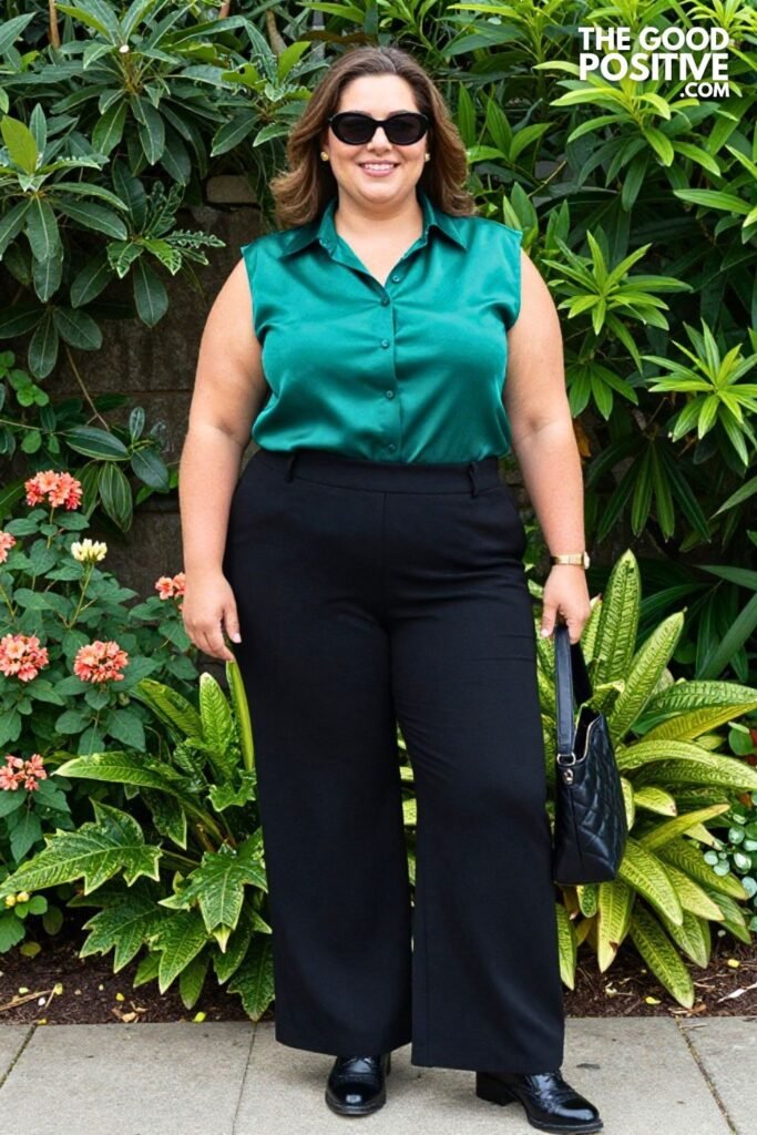 Emerald Satin Button Front Blouse With Black Wide Leg Pants And Leather Brogues
