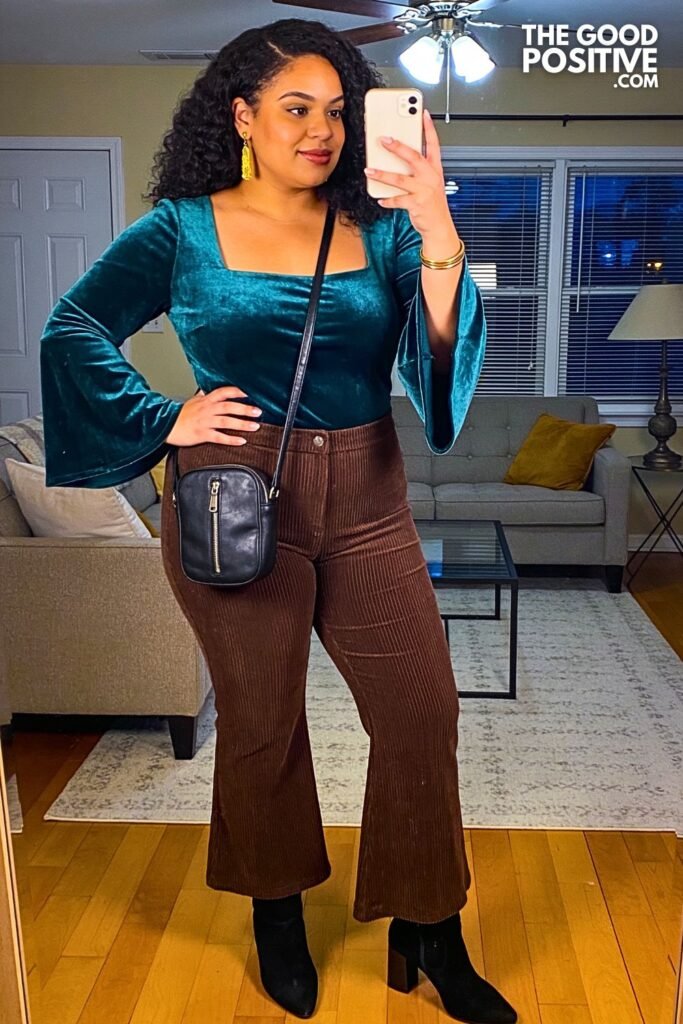 Emerald Velvet Bell-Sleeve Top With Flared Corduroy Pants And Suede Ankle Boots