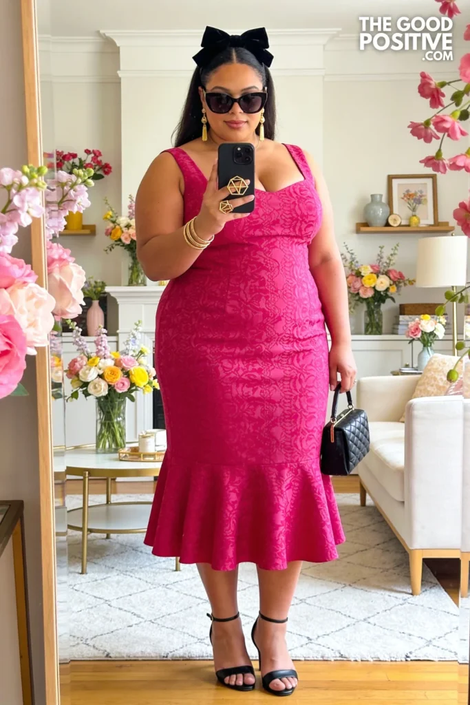 Fuchsia Jacquard Fit-And-Flare Midi Dress With Black T-Strap Heels