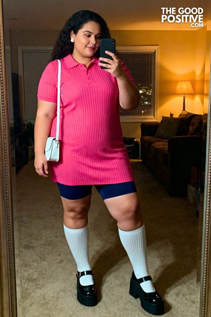 Fuchsia Knit Polo Dress With White Knee Socks And Platform Mary Janes
