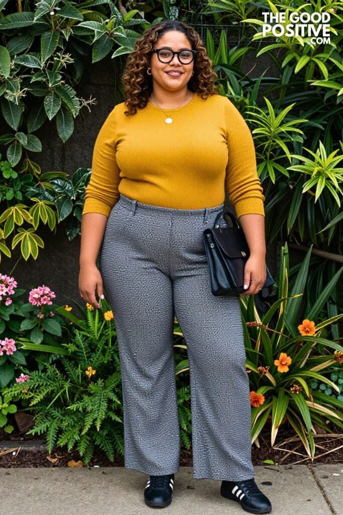 Gray Houndstooth Wide Leg Trousers With Mustard Longline Knit Top