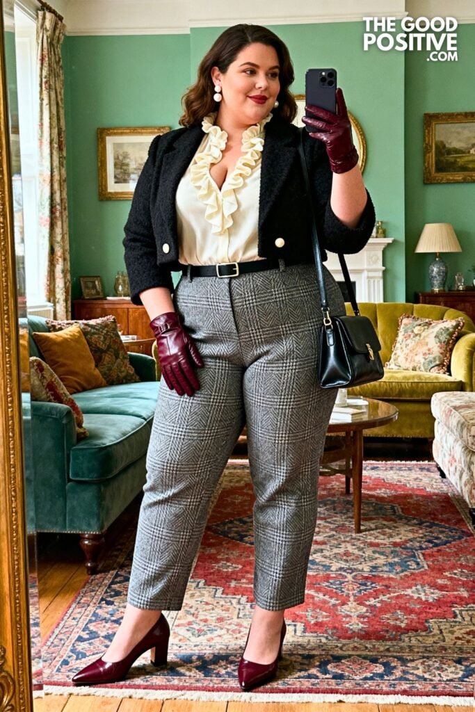 Grey Prince Of Wales Check Trousers With Cream Ruffle-Neck Blouse And Burgundy Slingbacks