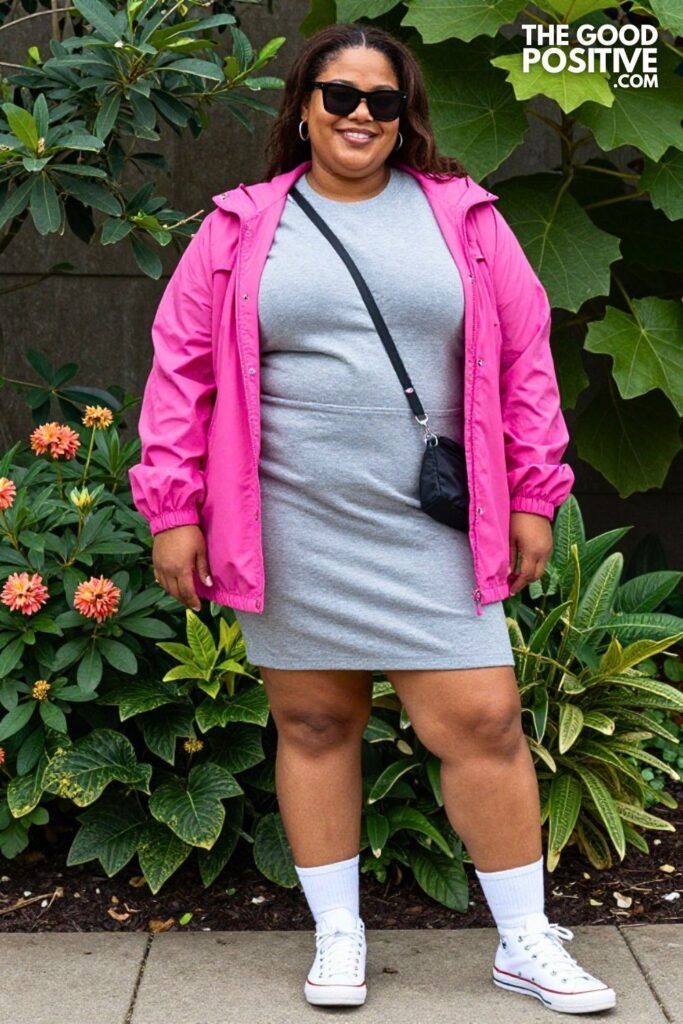 Heather Gray Oversized Sweatshirt Midi Dress With Bright Pink Windbreaker