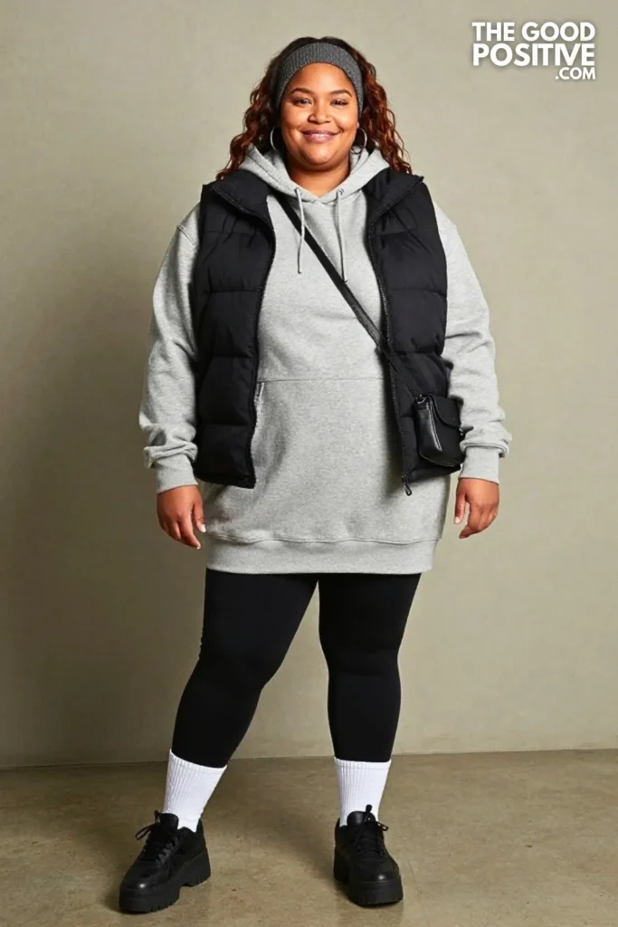 Heather Gray Sweatshirt Dress With Cropped Puffer Vest