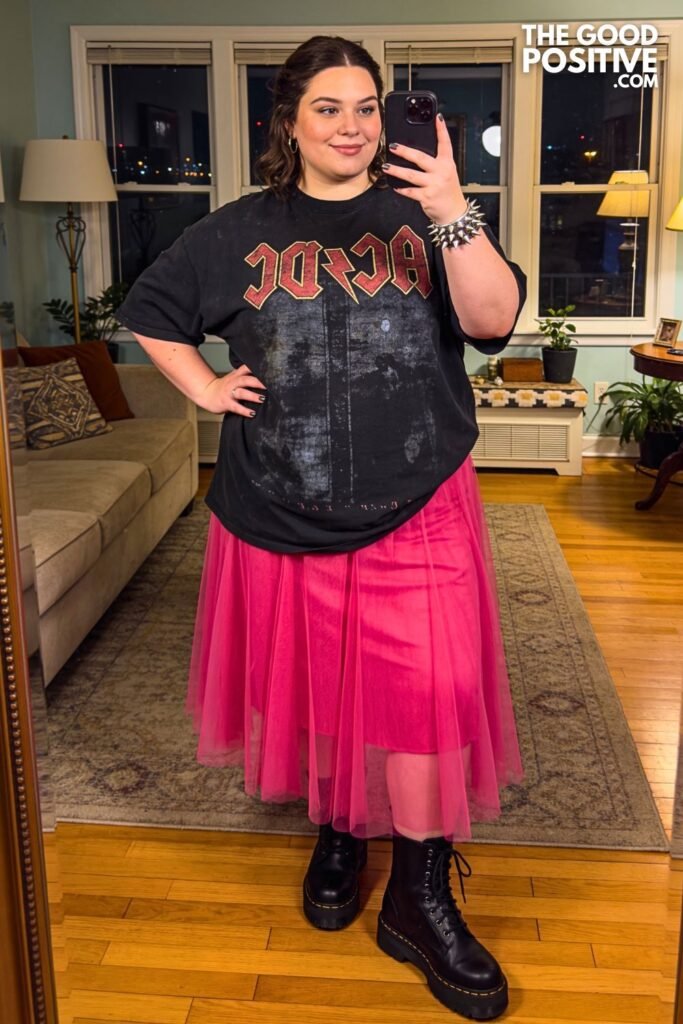 Hot Pink Tulle Skirt With Vintage Tour Tee And Combat Boots