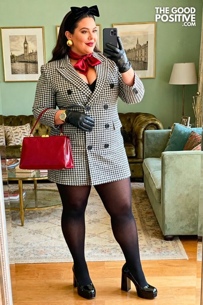 Houndstooth Blazer Dress With Black Tights And Patent Block-Heel Pumps
